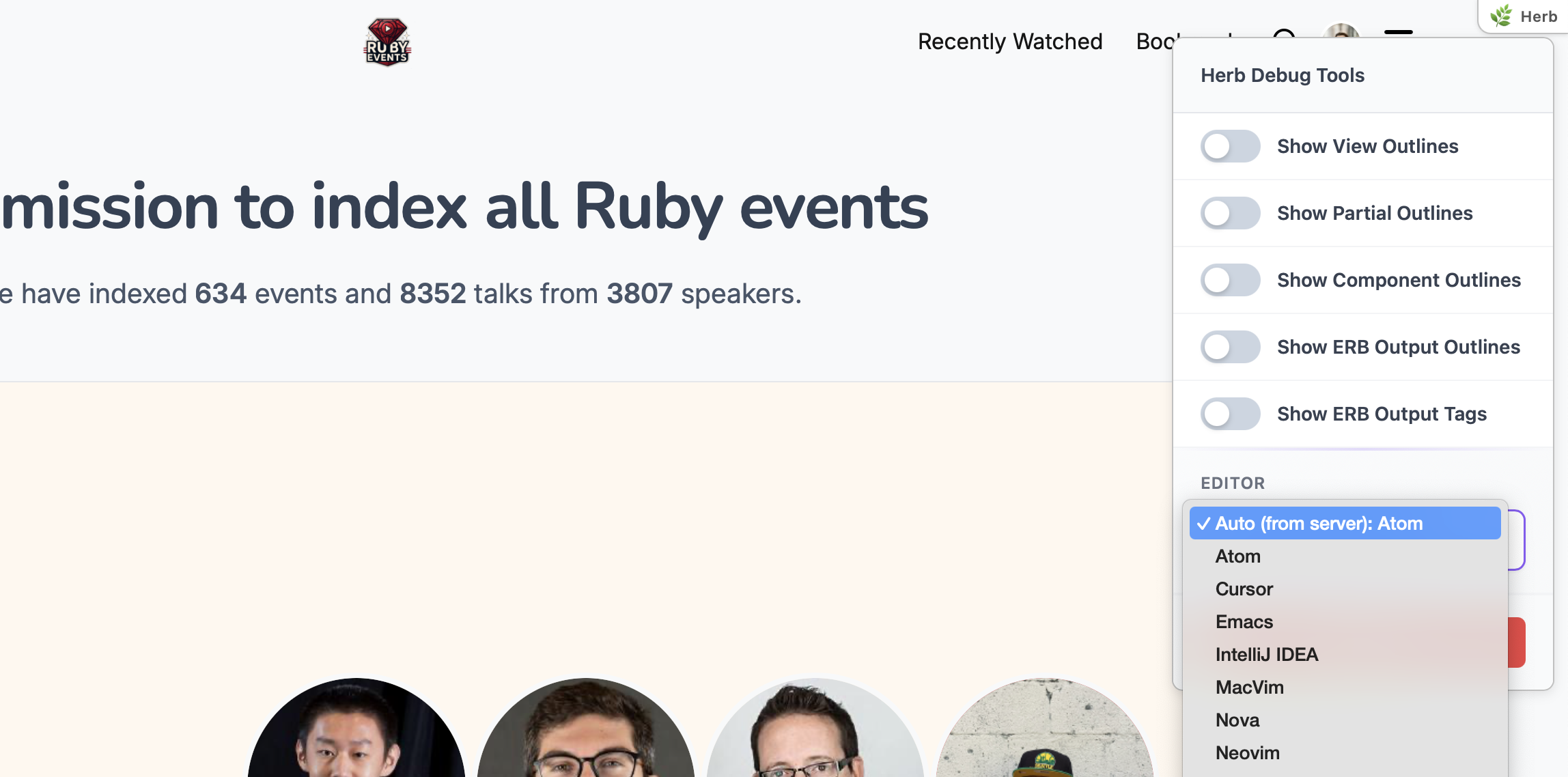 Herb Dev Tools interface showing editor selection dropdown